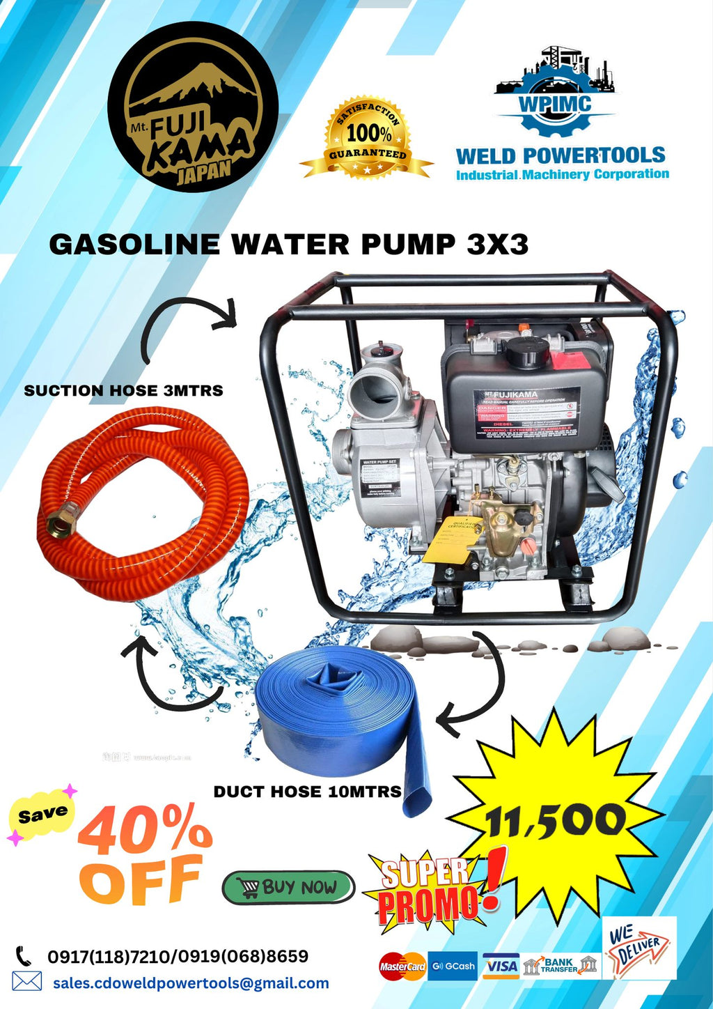 Fujikama Gasoline Water Pump 3x3 with (Suction Hose 3M and Duct Hose 10M)