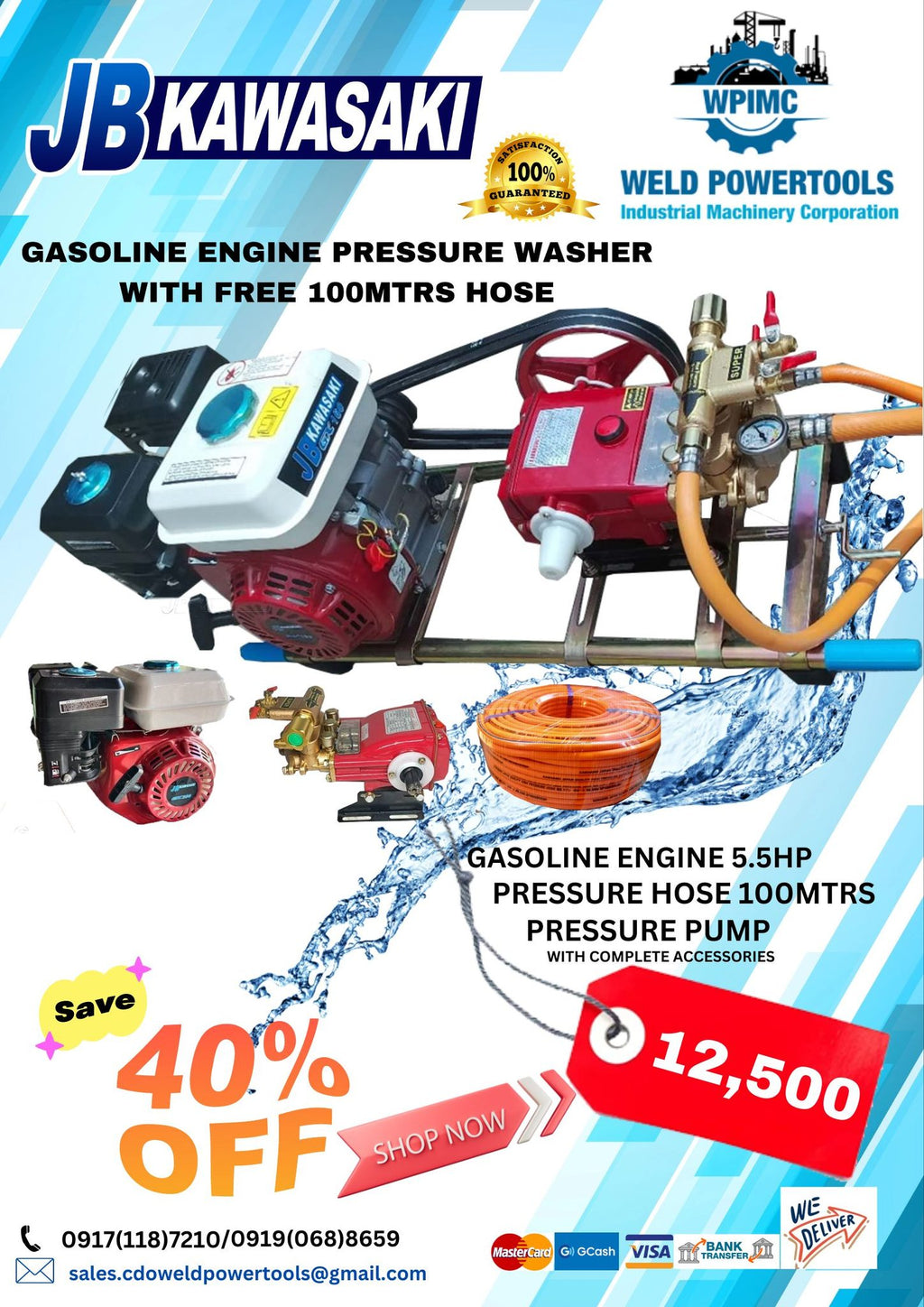 JB Kawasaki Gasoline Engine Pressure Washer with Free 100  Meters Hose