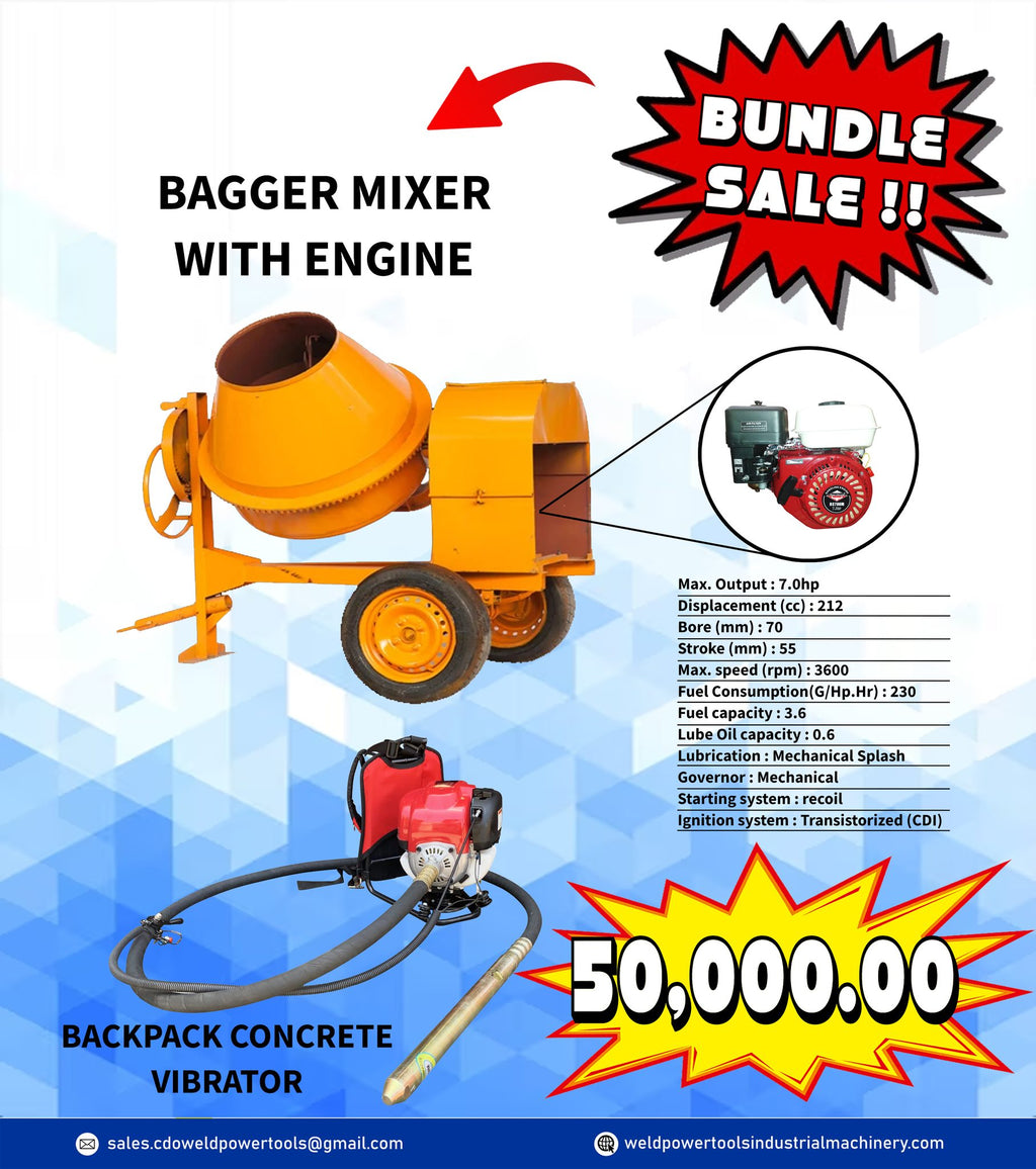 One Bagger Mixer with Engine Bundle with Backpack Concrete Vibrator