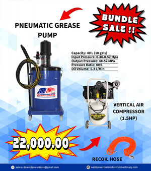 Zaramerica Pneumatic Grease Pump Bundle with Power Arc Vertical Air Compressor 1.5Hp with Recoil Hose